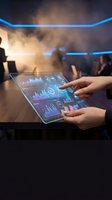 Hands interacting with futuristic holographic tablet displaying data analytics charts and graphs in modern business meeting environment.