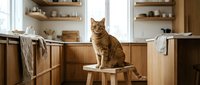 Ginger tabby cat sitting on wooden stool in modern kitchen with open shelving, natural light, and minimalist decor. Domestic pet lifestyle.