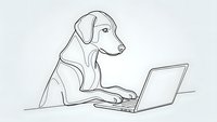 Minimalist line art of dog using laptop computer in modern workspace setting for business and technology concepts.