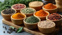 Vibrant colorful spices and dried legumes in wooden bowls arranged on rustic cutting board. Fresh aromatic seasonings including turmeric, paprika and peppercorns.