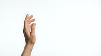 Caucasian male hand raised up with fingers slightly bent on white background, isolated gesture for design use.