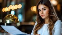 Young woman with long brown hair reading menu in restaurant with warm bokeh lights and elegant atmosphere in background. Professional lifestyle portrait.