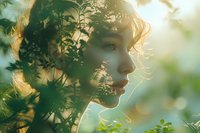 Young woman in profile view through green foliage at golden hour, with sunlit curly hair creating dreamy atmospheric mood for wellness and natural beauty concepts.