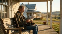 Elderly Caucasian man reading on a rustic farmhouse porch swing with a cat, bathed in warm golden hour sunlight, rural countryside backdrop.