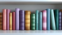 Row of colorful vintage books arranged on wooden shelf, spines showing in pastel pink, purple, gold, green and blue tones creating decorative library display.