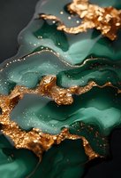 Luxurious emerald green and gold abstract fluid art with metallic texture and glitter effect creates elegant marble-like pattern for luxury design background.