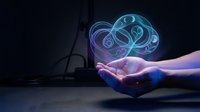 Glowing neon heart with infinity symbol floating above open hands in dark tech environment representing eternal love and digital romance concept.