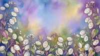 Watercolor dandelion flowers with white blooms and green stems on soft purple, blue, and yellow gradient background, suitable for spring designs, greeting cards, and botanical artwork.