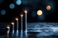 Stacks of coins arranged in ascending order with glowing edges against dark background, creating financial growth concept with bokeh light effects.