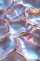 Shimmering metallic surface with flowing waves and organic curves creates abstract pattern in pearl, copper and blue tones, highlighting light reflections and shadows.
