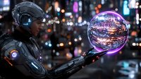 Futuristic soldier in advanced armor holding glowing energy sphere with cityscape reflection against night urban background with neon lights and bokeh effects.