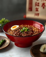 Asian noodle soup with minced meat, soft-boiled egg and green onions served in traditional red ceramic bowl on light background with side dishes.