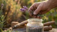Adult hand harvesting dried lavender flowers over glass jar in garden setting for herbal remedies, aromatherapy, and natural wellness products.