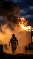 Firefighter walking through industrial explosion scene with dramatic flames and smoke billowing against dark sky for emergency response training materials.