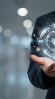 Businessman hand holding glowing digital sphere with network connections and data visualization in modern office environment for technology concepts.