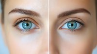 Close up comparison of bright blue eyes with long eyelashes and well-groomed eyebrows showing before and after beauty treatment results on light skin female face.