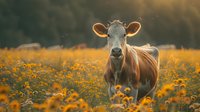 Young brown cow standing in golden wildflower meadow at sunset, backlit ears glowing, dreamy atmospheric nature scene with bokeh effect and warm summer lighting.