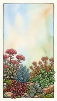 Watercolor succulent garden border with soft pastel sky background for botanical designs and nature-themed projects.