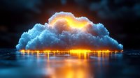 Dramatic glowing cloud formation over calm water at night with orange light reflection creating ethereal atmosphere. Mystical weather phenomenon with illuminated cloudscape.