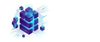 Isometric blockchain technology concept with blue purple geometric cubes and digital circuit lines on white background for tech presentations.