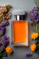 Elegant fragrance bottle surrounded by fresh lavender sprigs, orange marigolds and pink dried flowers on textured gray background, luxury cosmetic flatlay.