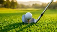 Golf club and ball on green grass course during golden hour sunset with blurred background for sports and recreation activities.