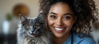 Young African American woman with curly hair and bright smile holding fluffy grey Persian cat with yellow eyes, wearing blue top against blurred home interior background.