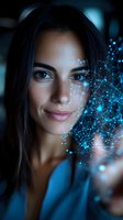 Young woman with dark hair in blue light touching digital network visualization. Futuristic technology concept showing artificial intelligence and digital transformation.