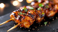 Grilled chicken yakitori skewers with sweet soy glaze and sesame seeds on dark slate background, selective focus on caramelized meat with bokeh lights.