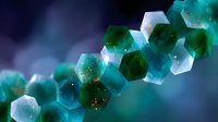 Glowing hexagonal crystal formations in emerald green and turquoise colors against dark background with bokeh effect, macro photography style composition.