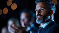 Mature businessman with gray beard in formal suit speaking at corporate event with blurred audience and bokeh lights in background.