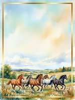 Herd of horses running through open meadow with rolling hills and golden frame border, suitable for equestrian art, home decor, and pastoral themed designs.