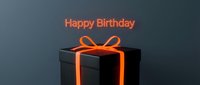 Glowing neon orange Happy Birthday text above a dark gift box with luminous ribbon on a dark background, perfect for modern celebration designs.