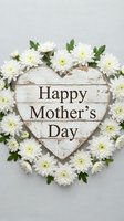 Rustic wooden heart sign with Happy Mother's Day text surrounded by white chrysanthemum flowers on neutral background for greeting cards and celebrations.