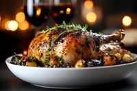 Roasted whole chicken with fresh herbs and vegetables served on white plate against dark background with warm bokeh lights and wine glass.