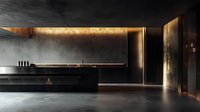 Minimalist dark luxury interior with hidden LED lighting, concrete floor, and black reception counter. Modern architectural space with warm accent illumination.