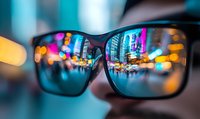 Vibrant city lights and neon signs reflected in black sunglasses lens with bokeh effect creating urban nightlife atmosphere. Modern street photography perspective.