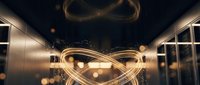 Light trails forming infinity symbol in modern corridor with metallic walls and warm bokeh effects, suitable for technology, innovation, and corporate branding projects.