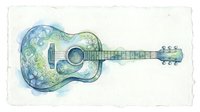 Acoustic guitar with ornate floral watercolor design on isolated white background, ready for music, art, and design projects.