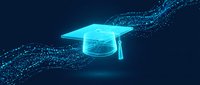Glowing cyan graduation cap with digital particles flowing across dark background, representing online learning, education technology, and academic achievement in modern digital environment.