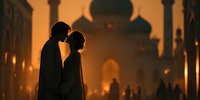 Romantic couple silhouette embracing at sunset with mosque architecture backdrop creating intimate moment for wedding and travel concepts.