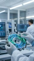 Engineer in white lab coat holding glowing circuit board component with holographic display in modern laboratory setting with colleagues and equipment in background.
