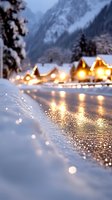 Cozy winter evening with glowing chalets reflecting on icy road surface amid snowy mountain landscape, warm lights creating magical bokeh effect in fresh snowfall.