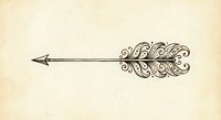 Ornate decorative arrow with intricate swirl patterns and flourishes on vintage textured background for bohemian design projects and artistic applications.
