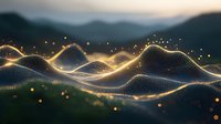 Abstract digital landscape with glowing golden light waves flowing over mountain silhouettes at dusk, creating a magical technological atmosphere.