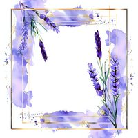Watercolor lavender frame with gold geometric border on purple background, elegant botanical design for wedding invitations or spa branding.