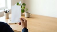 Person of African descent holding blank white card at wooden desk with office supplies and potted plants, suitable for mockups and business presentations.