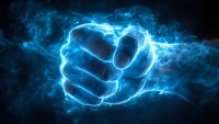 Glowing blue fist surrounded by electric lightning and smoke effects on dark background, representing power, strength and energy in dramatic composition.
