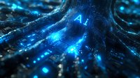 Glowing blue AI neural network with digital connections and light effects on dark background, futuristic technology concept for artificial intelligence design.