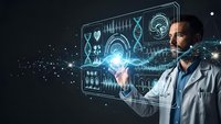 Male doctor interacting with futuristic holographic medical interface displaying DNA, brain scans and health data for healthcare technology concepts.